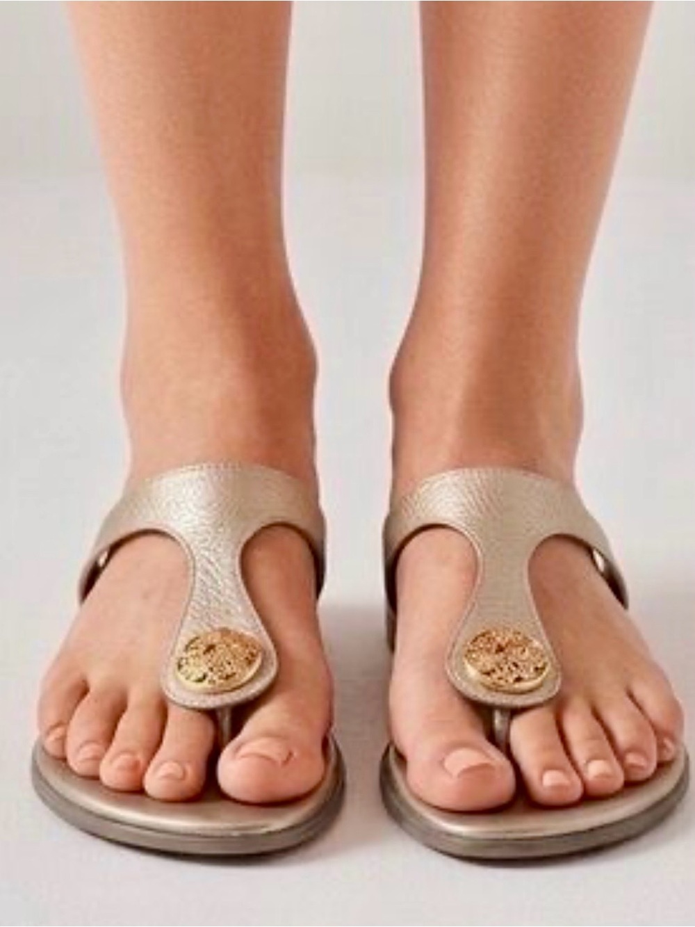 Brighton Gold Metallic Thong Sandals with Decorative Gold and rhinestone Emblem